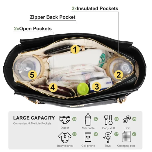 Vista 9 de miss fong Bolsa de pañales Mochila para pañales de bebé, bolsa de pañales de cuero grande Mochila y bolsa cruzada