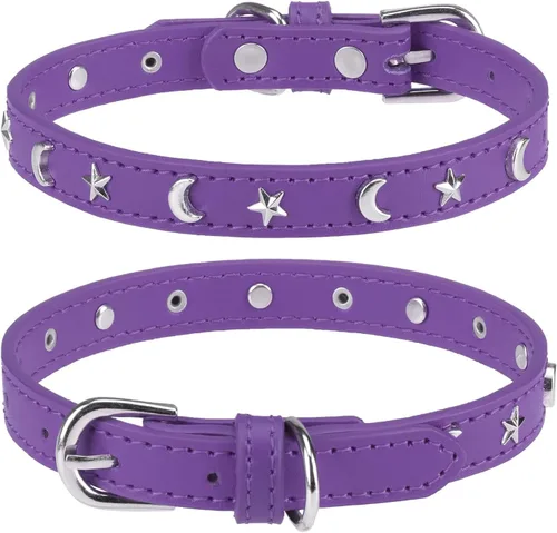 Vista 11 de Collar de cuero para perros pequeños, collar suave y ajustable con remaches de estrella y luna para perros machos y hembras, collares para cachorros