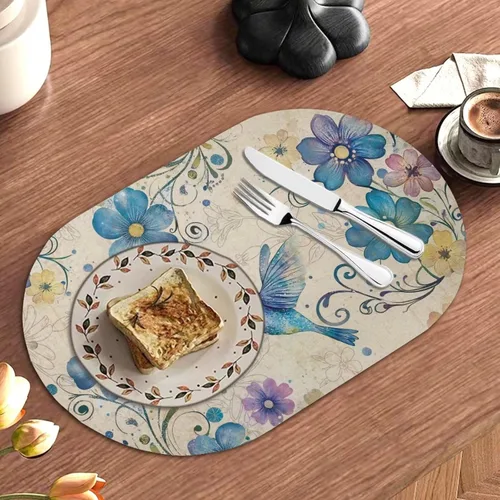 Vista 6 de Blue Flower Dining Table Mats Set of 2 Hummingbird Heat Resistant Placemats Washable and Wipeable Non Slip Place Mat, Waterproof Modern Dining Table
