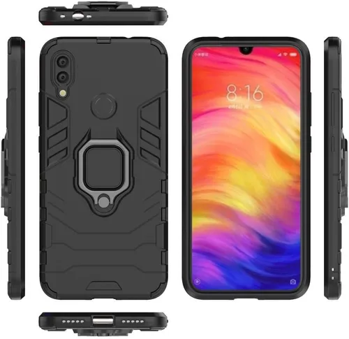 Vista 3 de Funda de teléfono para Xiaomi Redmi Note 7 Pro con cubierta protectora de pantalla de vidrio templado y soporte de anillo magnético Soporte híbrido