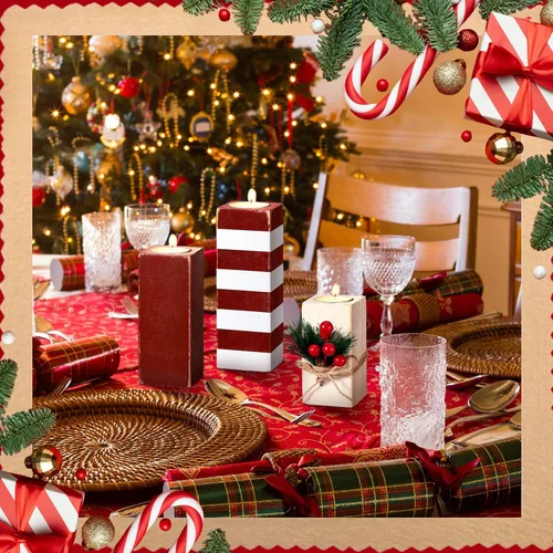 Vista 6 de 3 portavelas de Navidad con velas de madera, candelabros de Navidad, candelabros de madera votiva a rayas rojas y blancas, centro de mesa de Navidad