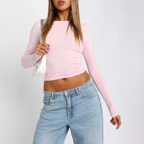 Vista 3 de Camiseta corta sexy de manga larga para mujer, estilo Y2K, cuello redondo, casual, básica, ajustada