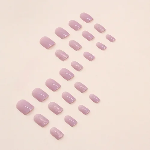 Vista 4 de Uñas postizas cuadradas cortas a presión, uñas postizas moradas de cobertura completa, uñas postizas brillantes con pegamento para uñas, uñas