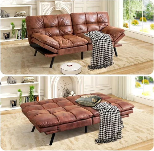Vista 7 de MUUEGM Sofá cama futón marrón de cuero de espuma viscoelástica moderna sofá de oficina cama convertible sofá biplaza sofá para espacios pequeños