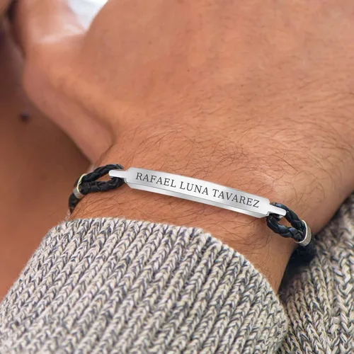 Vista 6 de Pulsera personalizada para hombres - Pulsera de cuero trenzado negro personalizada con nombre grabado para esposo novio pulseras para hombres, Sin