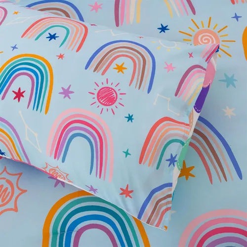 Vista 8 de Holawakaka Juego de edredón bohemio arcoíris tamaño individual con sábanas, juego de cama bohemio de 5 piezas con corazón, estrella y amor para Azul