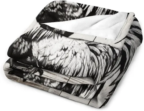 Vista 3 de Manta de microfibra suave y acogedora con diseño de gallo rústico en blanco y negro, suave y acogedora manta de microfibra para sofá, cama, oficina