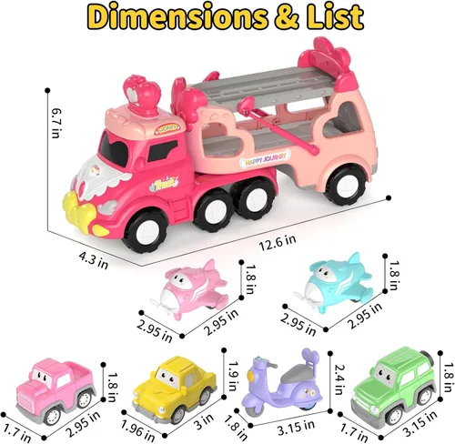 Vista 8 de newcrave - Juguetes de camiones para niñas de 1, 2, 3 años, juguetes de autos transportadores 7 en 1 para niñas pequeñas de 1-2, 2-3 años, juguete