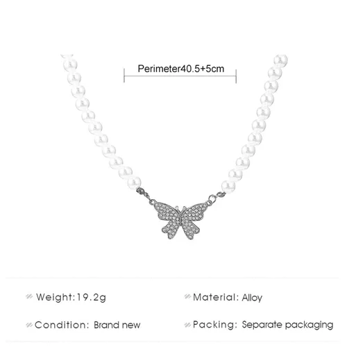 Vista 5 de YienDoo Gargantilla de perlas de cristal estilo bohemio, collar con colgante de mariposa de diamantes de imitación de plata, collar con cuentas