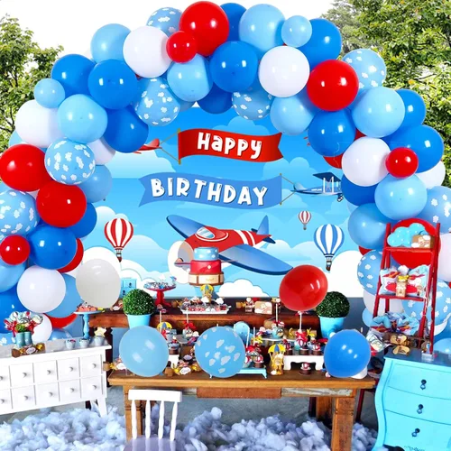 Vista 2 de Sursurprise Decoraciones de fiesta de cumpleaños con temática de avión, kit de arco de guirnalda de globos para suministros de fiesta de cumpleaños