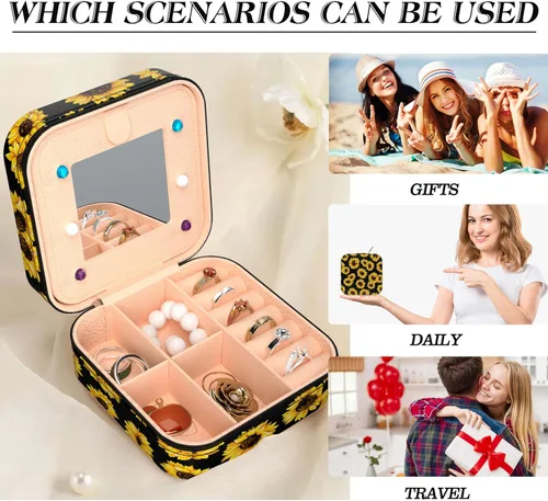Vista 6 de LRITER Joyero de viaje para mujer, caja organizadora de joyería de moda con espejo, pequeño joyero, organizador de joyas de viaje, regalos