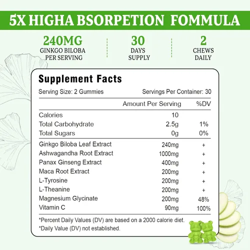 Vista 2 de Ginkgo Biloba - Gomitas de 240 mg con Panax Ginseng para un mejor estado de ánimo y concentración, mejora la salud cerebral, 60 gomitas veganas