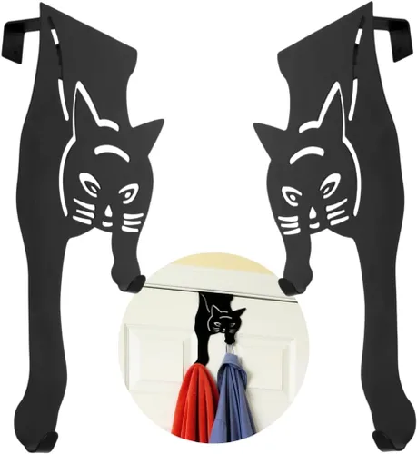 Vista 9 de Evelots Organizador para colgar toallas y abrigos sobre la puerta, con 4 ganchos, diseño de gatito, fácil instalación sin herramientas, hierro