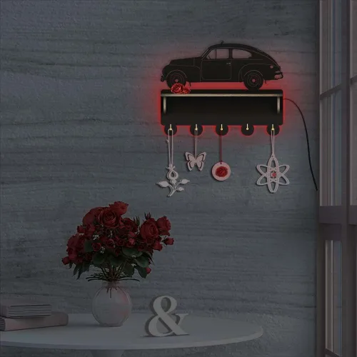 Vista 5 de The Geeky Days Moderno llavero luminoso LED con forma de coche para pared, perchero de madera montado en la pared con estante organizador de medalla