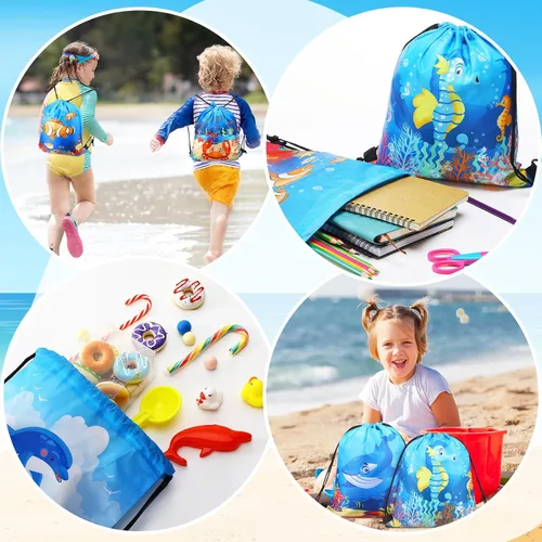 Vista 5 de Sanwuta 18 bolsas de recuerdo de fiesta bajo el mar, bolsas de regalo del océano, bolsas con cordón para regalo de playa, animales marinos, dulces
