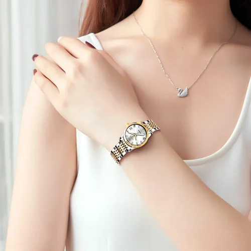 Vista 8 de OLEVS Relojes automáticos para mujer, relojes de pulsera pequeños de acero inoxidable para mujer, pulsera de tono dorado y plateado