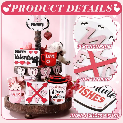 Vista 3 de Patelai Juego de decoración de bandeja escalonada para el día de San Valentín, letreros de madera para mesa de San Valentín, diseño de corazón