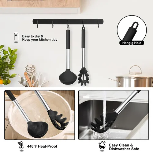 Vista 6 de TeamFar Juego de 2 cucharones de sopa y pasta de silicona con mango de acero inoxidable, color negro