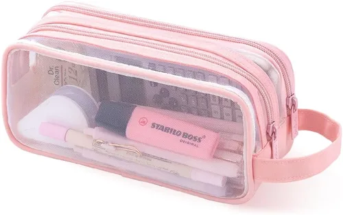 Vista 11 de Oyachic Estuche para lápices de 2 compartimentos de malla transparente para bolígrafos, bolsa de cosméticos para maquillaje, bolsa de cosméticos
