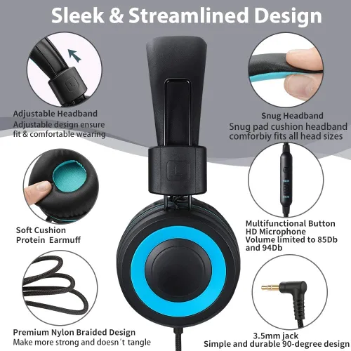 Vista 2 de POWMEE M3 - Auriculares para niños con micrófono, ligeros, plegables, ajustables, estéreo, con graves con cable de 4.3 ft sin enredos para Negro
