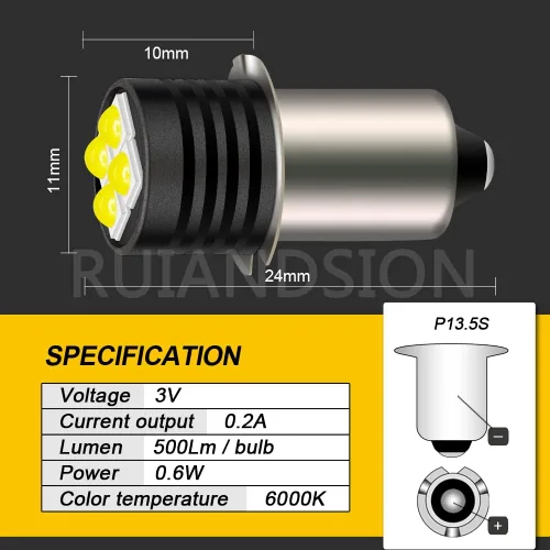 Vista 4 de Ruiandsion Bombilla LED P13.5S de 3 V 3030 4SMD Chips LED de repuesto para 2 celdas, linternas C&D, luz de trabajo no regulable (paquete de 1)