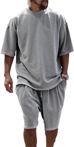Vista 4 de Conjunto casual de 2 piezas para hombre, conjunto deportivo de manga corta, cuello redondo, camiseta y pantalones cortos, conjunto casual de dos