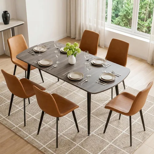 Vista 30 de ZckyCine Juego de mesa de comedor extensible de 6 piezas, moderna mesa de madera gris de 63 a 79 pulgadas con 6 sillas de tela gris, mesa de comedor