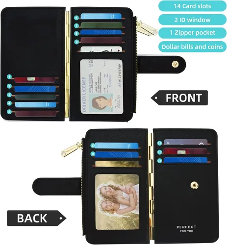 Vista 3 de PERFECB - Cartera para mujer, con bloqueo RFID, delgada, plegable, para tarjetas de crédito, con cremallera simple, Negro -, Cartera con tarjetero