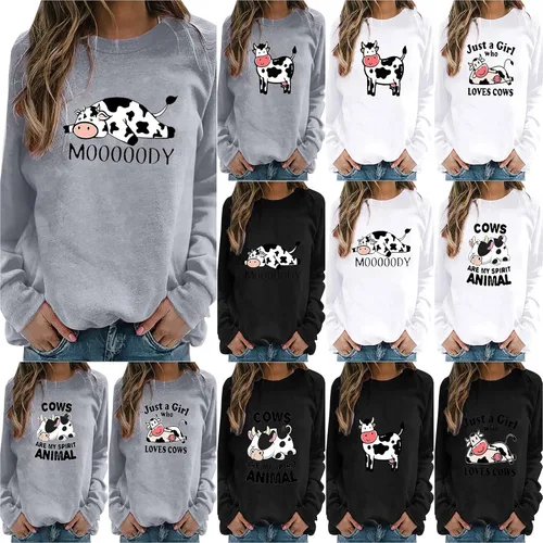Vista 5 de Sudadera con capucha para mujer, diseño de vaca Moody, con bonito bloque de color, delgada, de manga larga