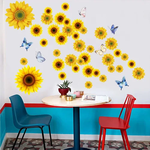 Vista 4 de Calcomanías de pared de girasol con mariposa 3D, calcomanías de pared de flores amarillas extraíbles, impermeables, decoración de girasol, mural