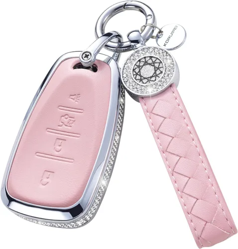 Vista 10 de Funda para llave inteligente con llavero, de piel auténtica color rosa, con cristales, carcasa protectora