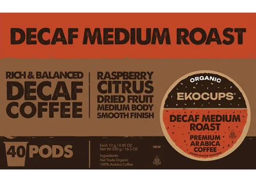 Vista 2 de EKOCUPS Cápsulas de café orgánico descafeinado con proceso de agua suiza de tostado medio, 30% más café por taza, café descafeinado de comercio