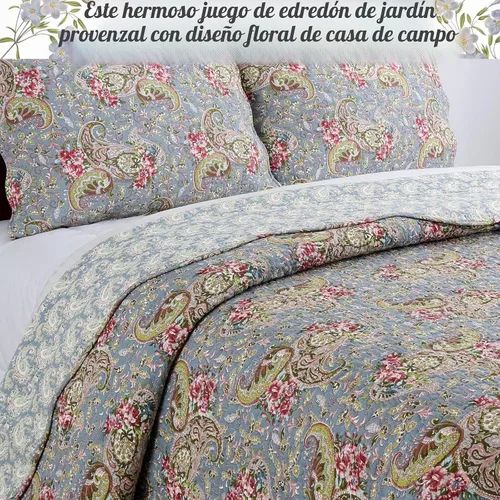 Vista 2 de Cozy Line Home Fashions Juego de ropa de cama acolchada reversible de 3 piezas, 100% algodón, rojo verde, estilo cottage floral francés campestre