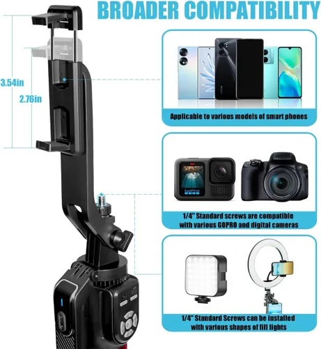Vista 6 de Soporte extensible de 86 pulgadas con rotación de 360° para selfie y trípode con control remoto inalámbrico Bluetooth dual y 2 luces LED de relleno