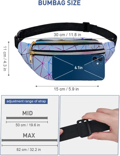 Vista 5 de Livacasa - Cangurera holográfica linda, brillante e impermeable para mujer, cangurera para viajes, fiestas, festivales, correr y senderismo, Azul