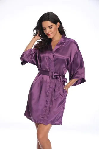 Vista 3 de Bata de satén para mujer, corta, sedosa, para dama de honor, novia, despedida de soltera, ropa para dormir