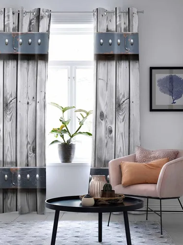 Vista 5 de Cortinas de ventana con ojales, cortinas de cocina, puerta de granero rústica con textura de grano de madera, 2 paneles de cortinas de tratamiento