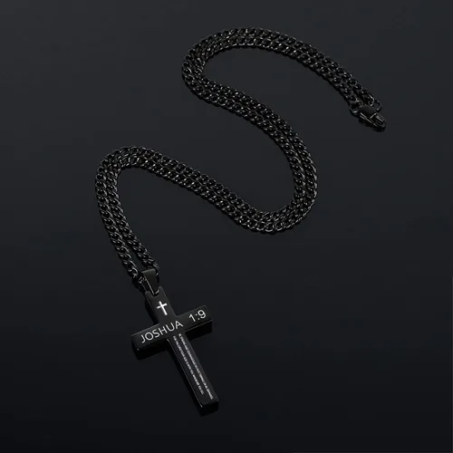 Vista 4 de REVEMCN Collar inspirador de cruz con versículo bíblico para hombres y niños, collar con colgante de cruz de plata negra lisa de acero inoxidable