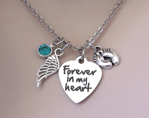 Vista 2 de Miscarriage "Forever In My Heart" Necklace with Angel Wing, Baby Feet & Birthstone, Child Loss Memorial, Miscarriage Jewelry - Loss of Child