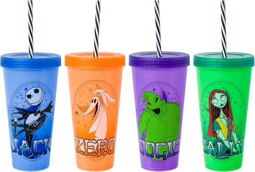 Vista 11 de Silver Buffalo Disney Nightmare Before Christmas Character Grid - Paquete de 4 vasos de plástico que cambian de color, 24 onzas