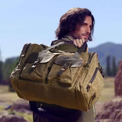 Vista 7 de Bolsa de lona encerada vintage para hombre, Caqui