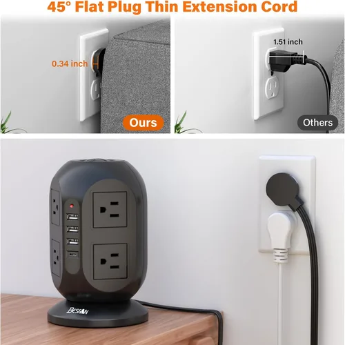 Vista 5 de Regleta protectora de sobretensiones con 8 salidas de CA, 4 puertos USB (1 USB C), cable de extensión plano de 10 pies con múltiples tomas, estación