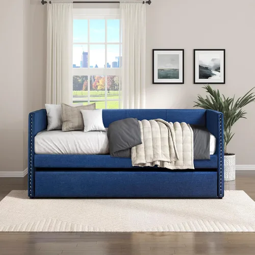 Vista 10 de Lexicon Sofá cama doble con nido, tapicería de piel sintética, color negro