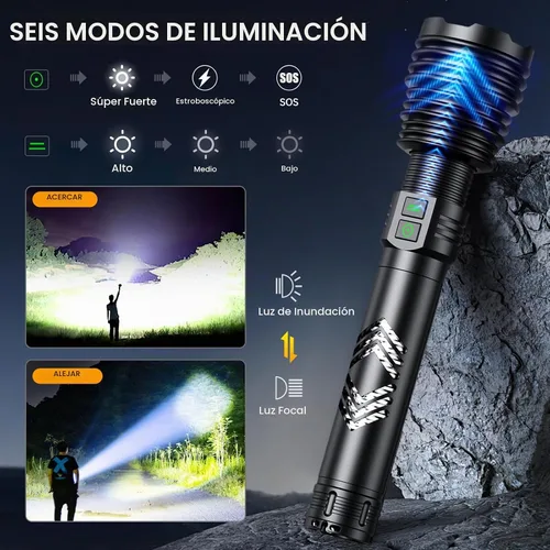 Vista 4 de Linternas recargables 6000.000 de alto lúmenes, linterna LED súper brillante con mango largo, batería de gran capacidad, ampliable y 6 modos