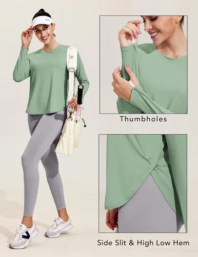 Vista 3 de PINSPARK Camisetas de entrenamiento de manga larga para mujer, absorben la humedad, camisetas de yoga para senderismo, atléticas, ajuste holgado
