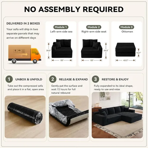 Vista 4 de Sofá modular modular de 106 pulgadas con asiento profundo, sofá de pana en forma de L con diván reversible, juego de 3 piezas para sala de estar