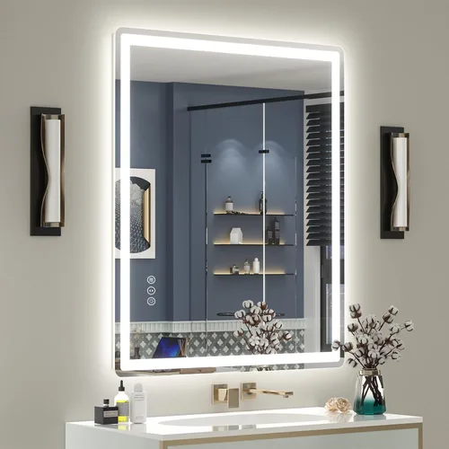 Vista 33 de SMIROR Espejo de baño LED con luces de 22" x 30", espejo de tocador rectangular redondeado iluminado para pared, iluminado frontal y retroiluminado