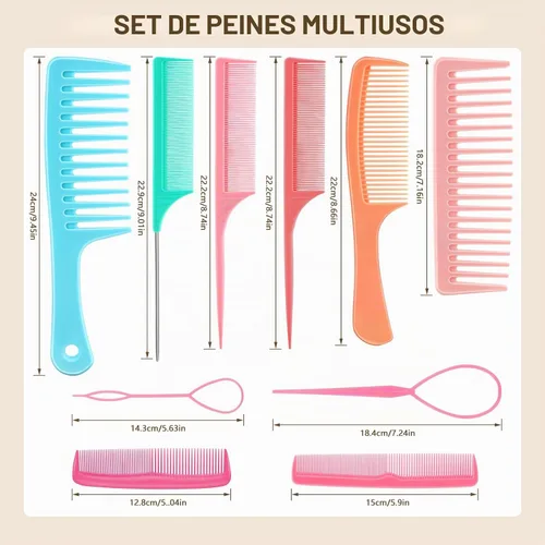 Vista 5 de NICEMOVIC Peines de pelo para mujer, peines de pelo de dientes anchos y cola de rata, herramienta para el cabello, 10 peines para el cabello