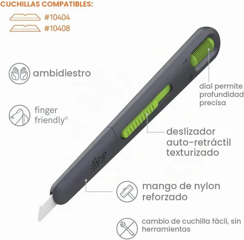 Vista 2 de Slice 10474 Cortador de bolígrafo delgado ajustable, la hoja se retrae automáticamente una vez que se establece la profundidad de corte, nunca se