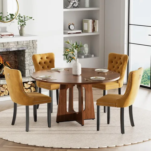 Vista 29 de Mesa de comedor redonda estilo granja para 6, mesa de cocina circular de 47" MDF con acabado de grano de madera, mesa de cocina y comedor de madera